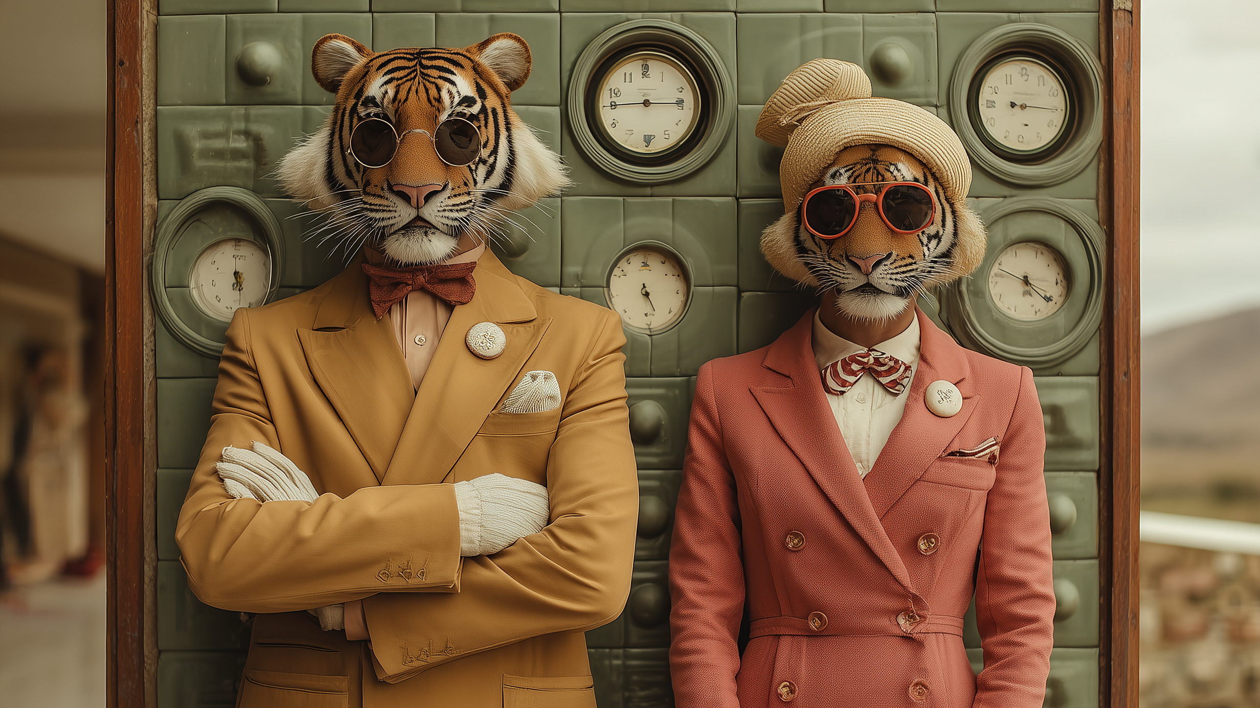 Tiermenschen, ein Tigerpaar im Stil von Wes Anderson