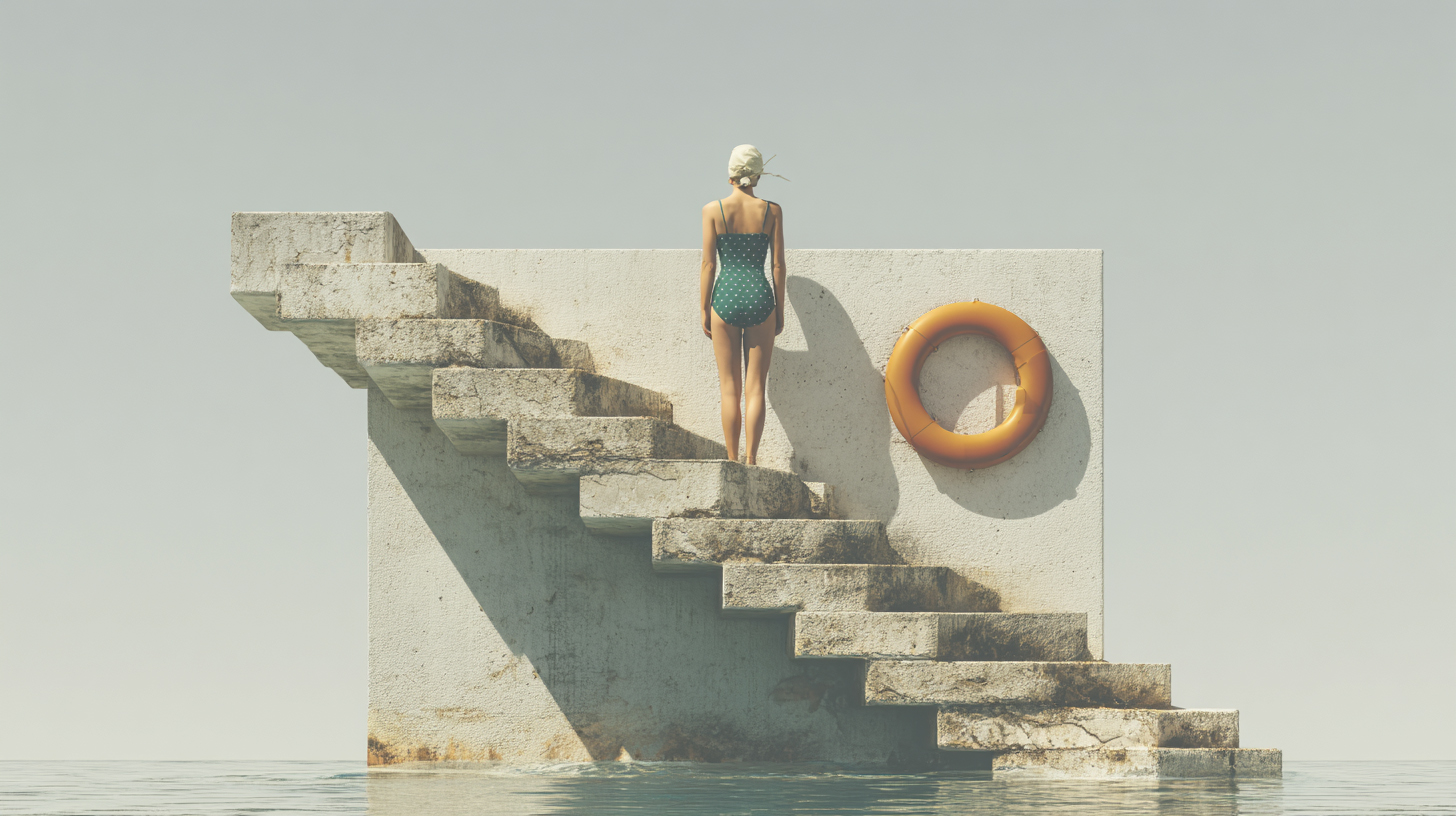 Frau im Badeanzug steht auf einer Treppe mit dem Rücken zu einem Pool Motiv entwickelt unter Verwendung von KI