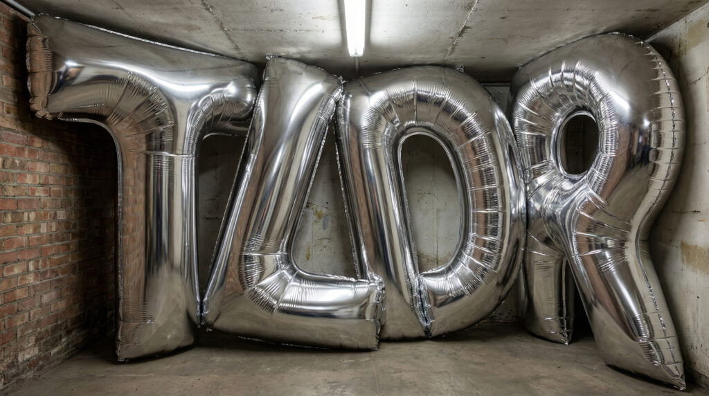 Die Buchstaben TLDR stehen als silberne Luftballons in einem Kellerraum