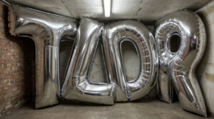 Die Buchstaben TLDR stehen als silberne Luftballons in einem Kellerraum