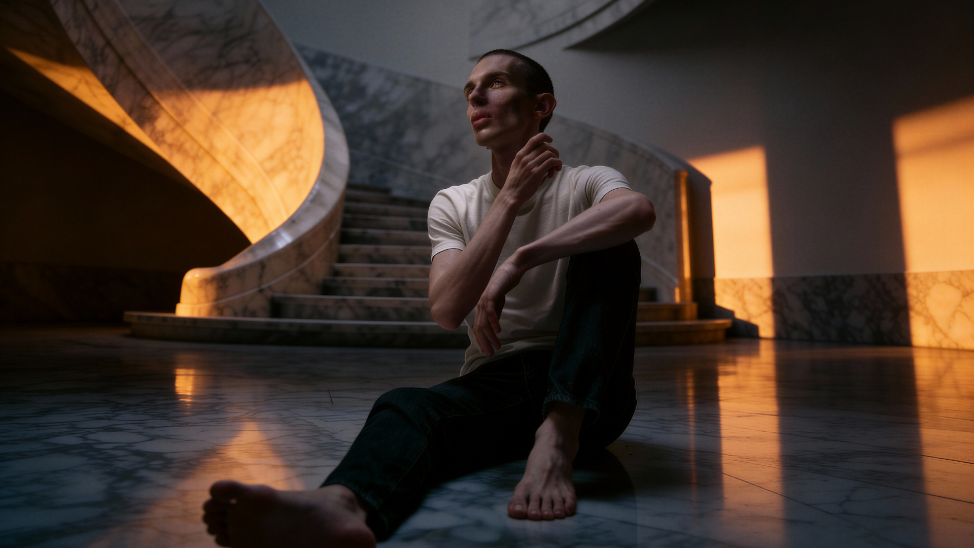 Ein junger man sitzt auf dem Boden einer dunklen Marmorhalle, im Hintergrund sieht man eine große Freitreppe, es fällt Abendlicht in den Raum