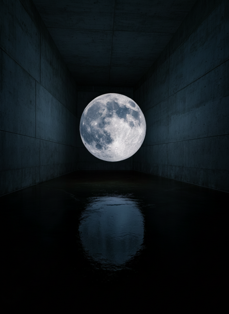 Der Mond in einer dunklen Halle mit nassem Boden