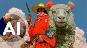 Asiatischer Cowboy und ein Schafsbär, Illu zu KI-Kennzeichnung